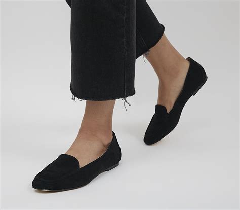 Office Flying Plain Soft Loafers Black Suede Flat Shoes For Women