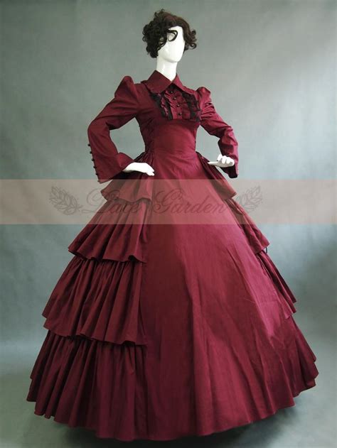 Burgundy Cotton Multilayer Ruffles Victorian Maiden Long Sleeved Period