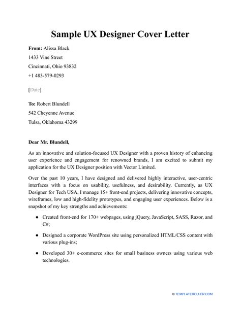 Sample Ux Designer Cover Letter Download Printable Pdf Templateroller
