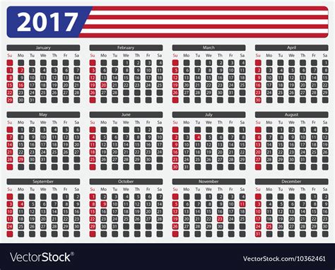 Usa Calendar 2017 Official Holidays Royalty Free Vector