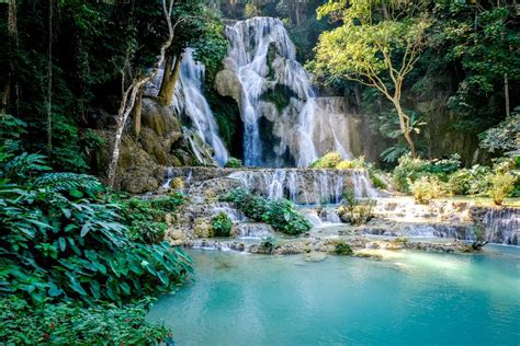 Kuang Si Falls Turquoise Waterfall In Luang Prabang Laos