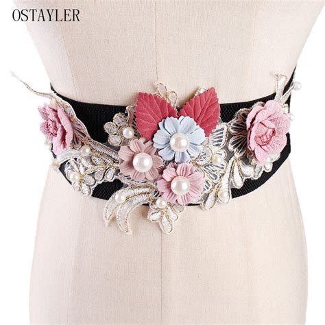 Handmade Lace Floral Applique Women Dress Belt Flower Pearl Elastic