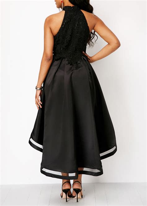 Lace Panel Sleeveless Black High Low Dress
