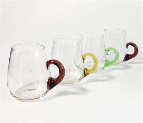 Vintage Hand Blown Glass Coffee Or Beer Mugs Set Of 4 Clear Handblown Glass With Purple Green