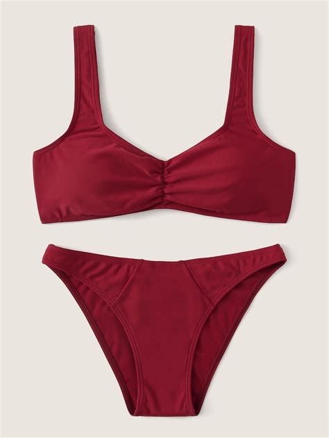 Burgundy Red Twist Knot Back Cami Top Swimsuit With Bikini Bottom