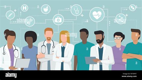 Multiethnic team of doctors and nurses working together, network of