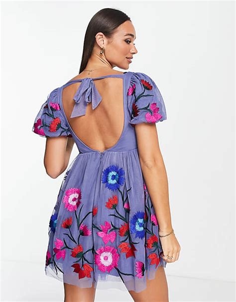 Maya Mini Dress With Tie Back Detail In Embroidered Floral Asos