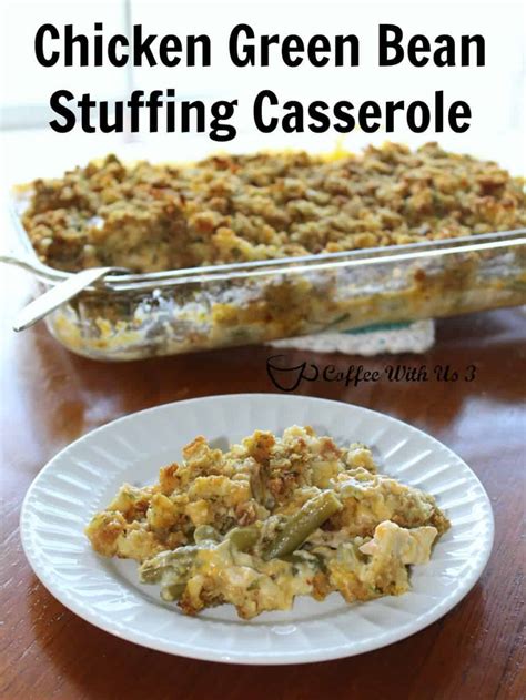 Crumble cornbread, top with veggies. Chicken Green Bean Stuffing Casserole | Coffee With Us 3