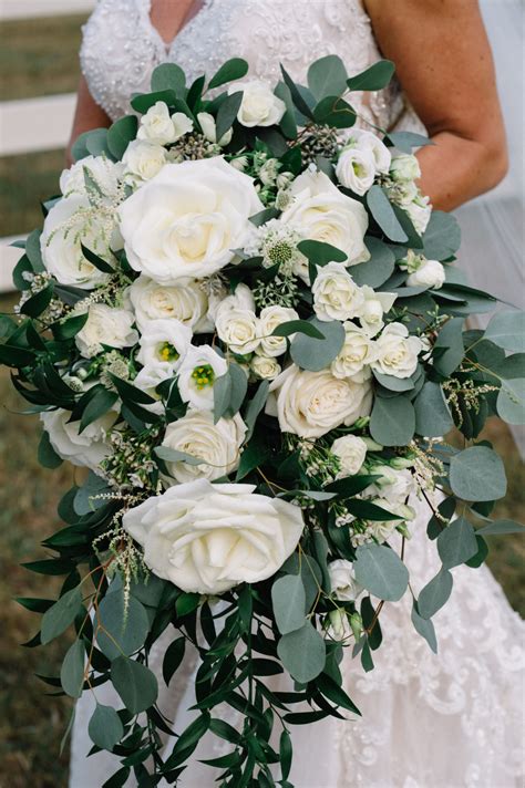 Cascading White Bridal Bouquet Dark Green Wedding White Bridal