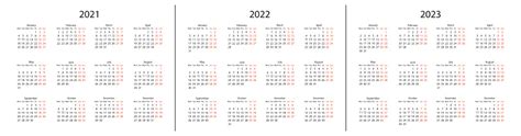 Kalender För 2021 2022 Och 2023 År Månader Och Veckor Vektormall