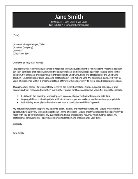 Committed to working with children: Assistant Preschool Teacher Cover Letter