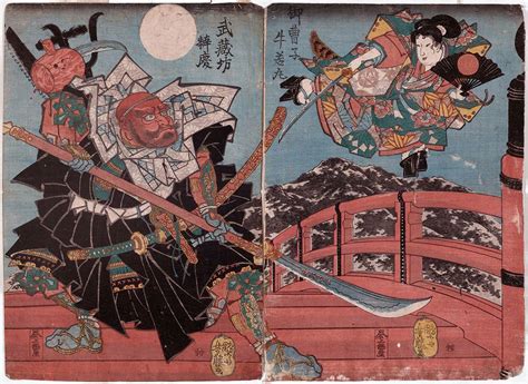 Utagawa Yoshifuji Onzoshi Ushiwakamura Und Musashibo Benkei Auf Der