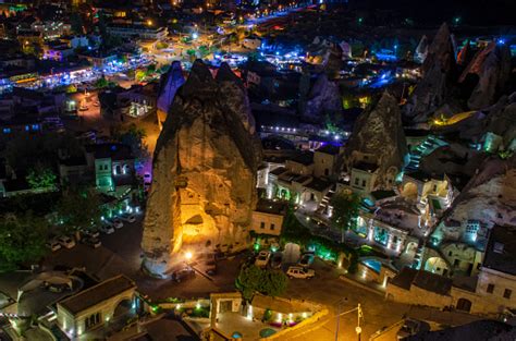 Goreme Village In Cappadocia At Night In Turkey Stock Photo Download