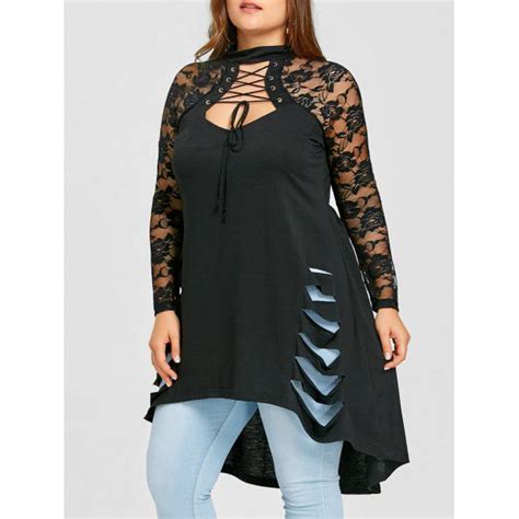 Plus Size Lace Trim Ripped Tunic Top Black Xl Tunic Tops Long