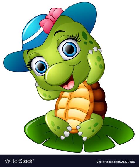 Happy Turtle With Blue Cap On The Lotus Leaf Vector Image On