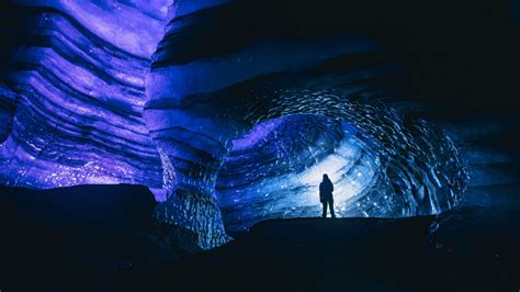 Download Wallpaper 2560x1440 Cave Silhouette Ice Glacier Dark