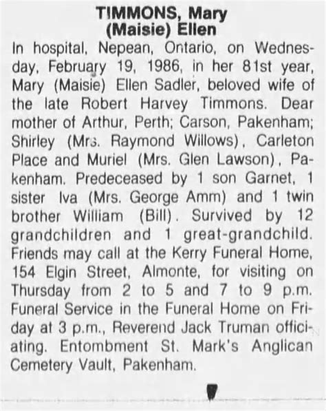 Obituary For Mary Ellen Timmons Ellen Aged 81