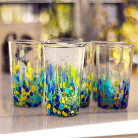 Colorful Recycled Glass Tumblers 16 Oz Set Of 6 Tropical Confetti Novica