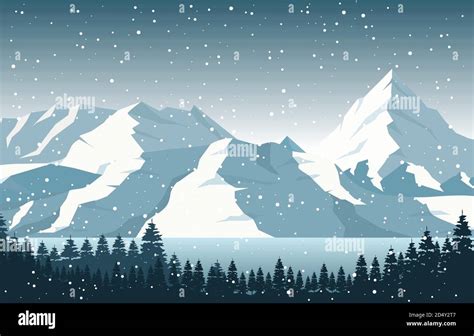 Winter Snow Pine Mountain Lake Snowfall Nature Landscape Illustration