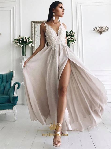 Grey V Neck Spaghetti Strap Lace Applique Prom Dress With Split Front
