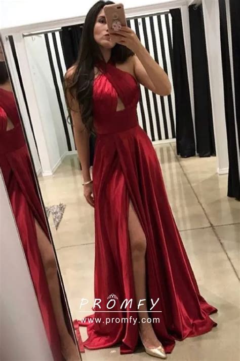 Sexy Red Satin Backless Criss Cross Halter Neck Keyhole Bodice Split Prom Dress