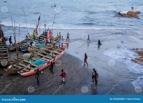 Atlantic Ocean Coastline With Boats And Local Ghana African People