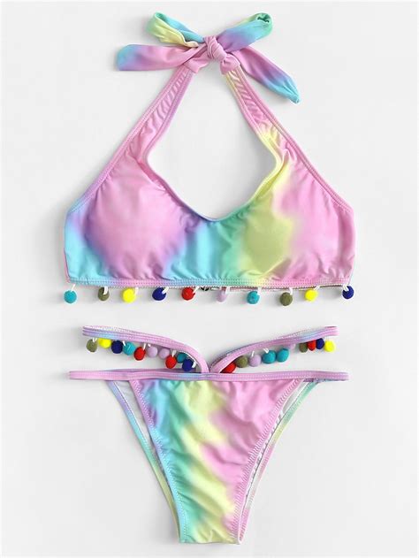 Pompom Hem Tie Dye Halter Top With Triangle Panty Bikini Em 2019