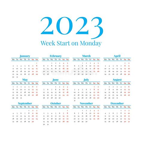 2023 Calendar With The Weeks Start On Monday Stock Vector
