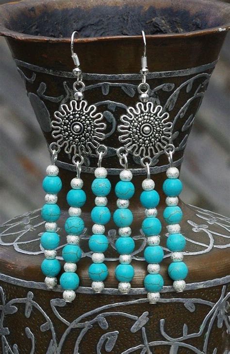 Turquoise Chandelier Earrings Tibetan Silver Sun By AudacityWear