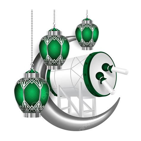 Islámico Ramadán Kareem Plata Verde 3d Luna Lámpara Bedug Vector Png