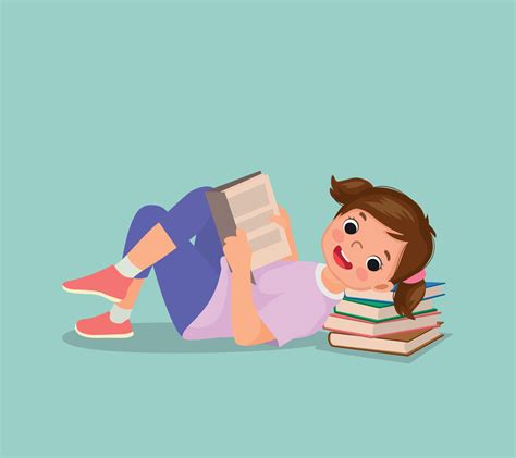 Cute Little Girl Reading Book Lying On The Floor With Head On Stack Of