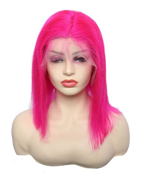 Neon Pink Lace Frontal Wigs Human Hair Bob Wig 130 Density