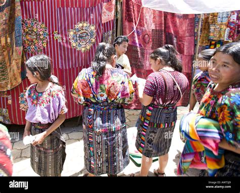 Guatemala Chichicastenango Quiche Mayan Women In Colorful Traditional