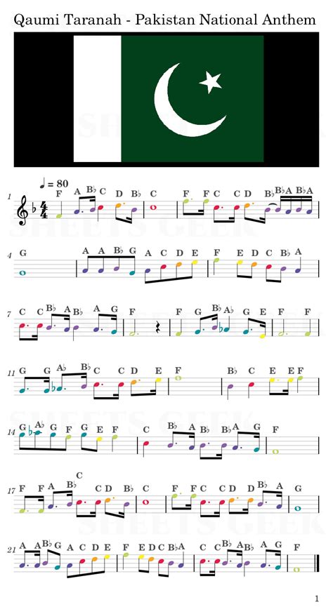 Qaumi Taranah Pakistan National Anthem Easy Sheet Music