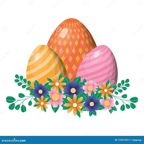 Happy Easter Eggs With Flowers And Leaves Vector Design Stock Vector