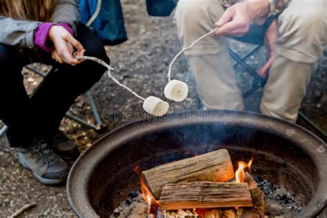 People Roasting Large Marshmallows On A Stick Over The Campfire Firepit