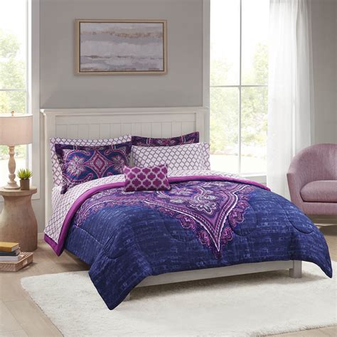 Mainstays Purple Medallion 8 Piece Bed In A Bag Comforter Set With Sheets Queen Walmart