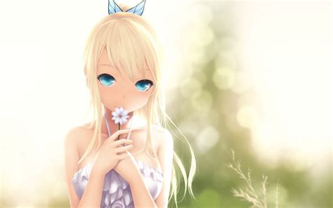 Hintergrundbilder blond Blumen lange Haare Anime Mädchen blaue