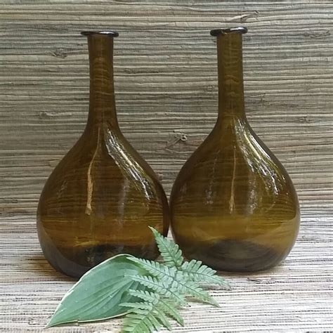 Two Blown Glass Bottles Dark Amber Brown Colored Glass Bottles With Rolled Lip
