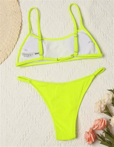 Neon Yellow Rib Thong Bikini Swimsuit Size Xs Property Room
