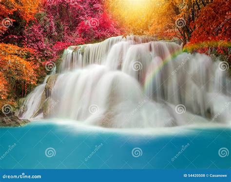 Wonderful Waterfall With Rainbows In Deep Forest At National Par Stock