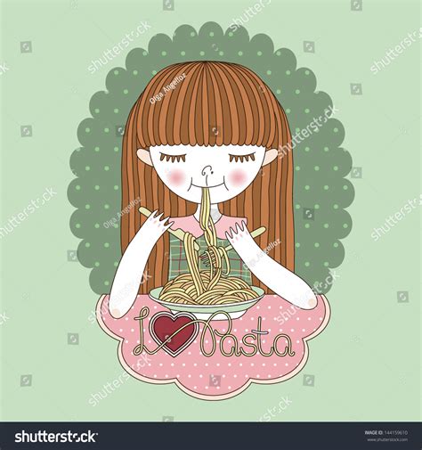 Girl Eating Pasta Love Pasta Macaroni Stock Vector 144159610 Shutterstock