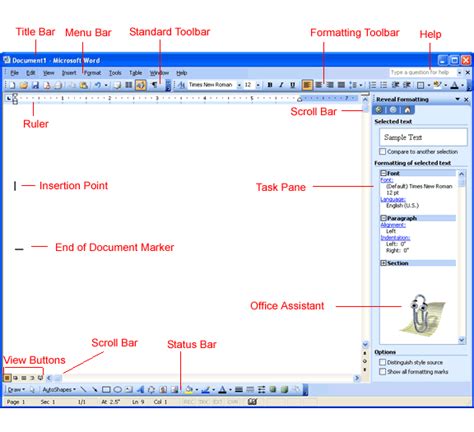 Word 2003 Identifying Parts Of The Word Window