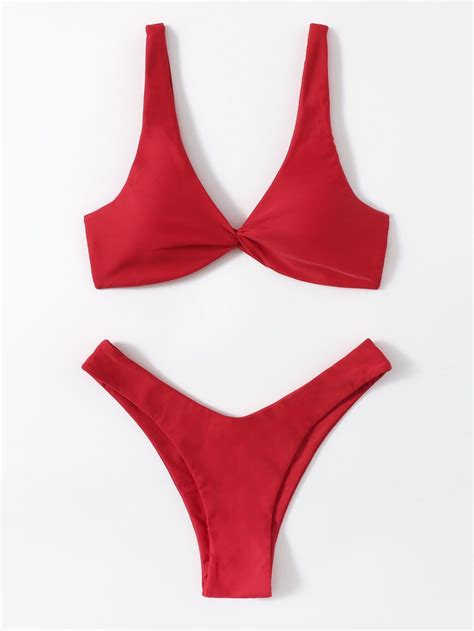Red Sexy Collar Plain Embellished High Stretch Women Clothing Bikini Push Up High Cut Bikini