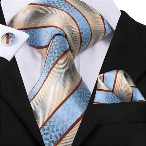 Hi Tie Famous Brand Necktie For Men White Blue Striped Ties Hanky