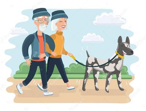 Ilustración De Una Pareja De Ancianos Caminando Con Un Perro Grande