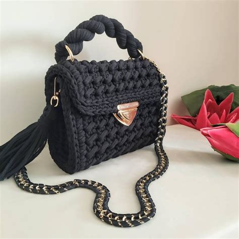 Handmade Bagblack Colored Crochet Handbag Hand Knitted Bag Etsy