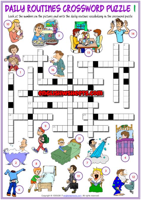 Daily Routines Esl Printable Crossword Puzzle Worksheets