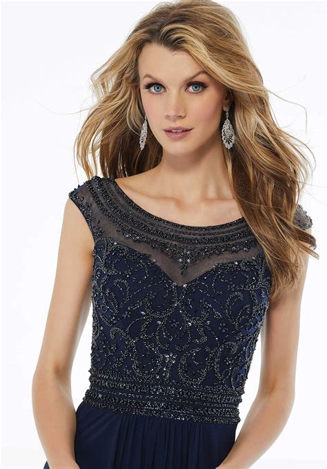 Beaded Sheath Evening Gown In Net And Chiffon Morilee