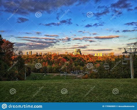 Beautiful Autumn Fall Landscape With Blue Sky And Red